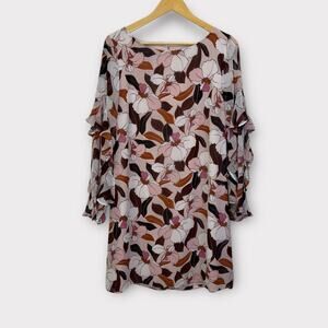 Ann Taylor Factory Pink Floral Shift Dress Size 10 Sheer Flutter Sleeves Cottage